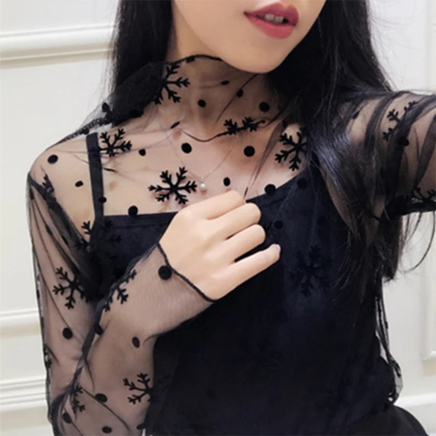 

Black Sexy Transparent Mesh T-Shirts Women Elegant High Collar Hollow Chiffon Female Tee Elasticity Bottoming Long Sleeve Shirts