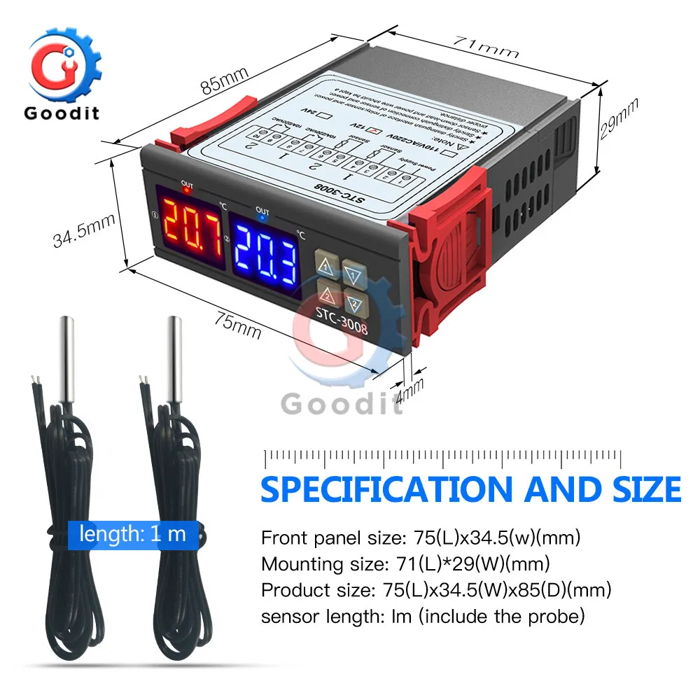 STC 3008 DC 12V 24V AC 220V 10A двойной цифровой регулятор температуры Термостат
