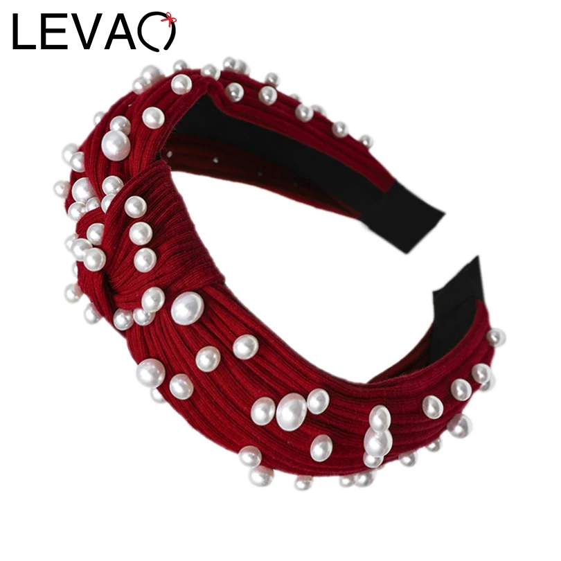 

LEVAO Knitted Pearl Velvet Headband Elegant Autumn And Winter Bezel Turban Women Knotted Hairbands Girls Accessories Hair Hoop