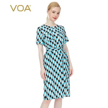 

VOA silk diamond lattice geometric print round neck short-sleeved single-breasted lace-up waist double pocket dress AX838
