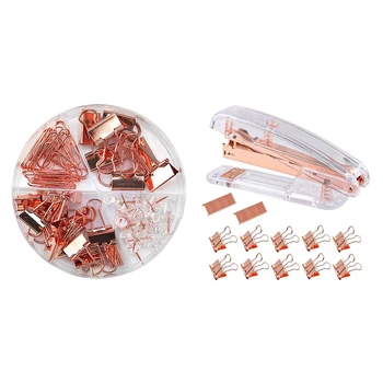 

2 Set Office Accessories: 1 Set Binder Clips Paper Clips with Box & 1 Set Rose Gold Desktop Stapler