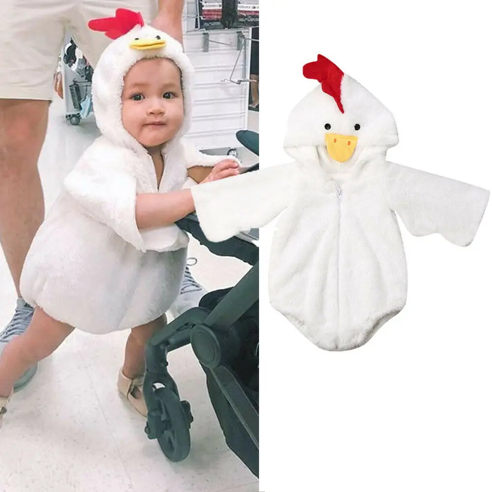 0-24M Lovely Newborn Baby Boy Girl Long Sleeve Plush Chicken Hooded Zipper Bodysuit Jumpsuit Fancy Warm Clothes