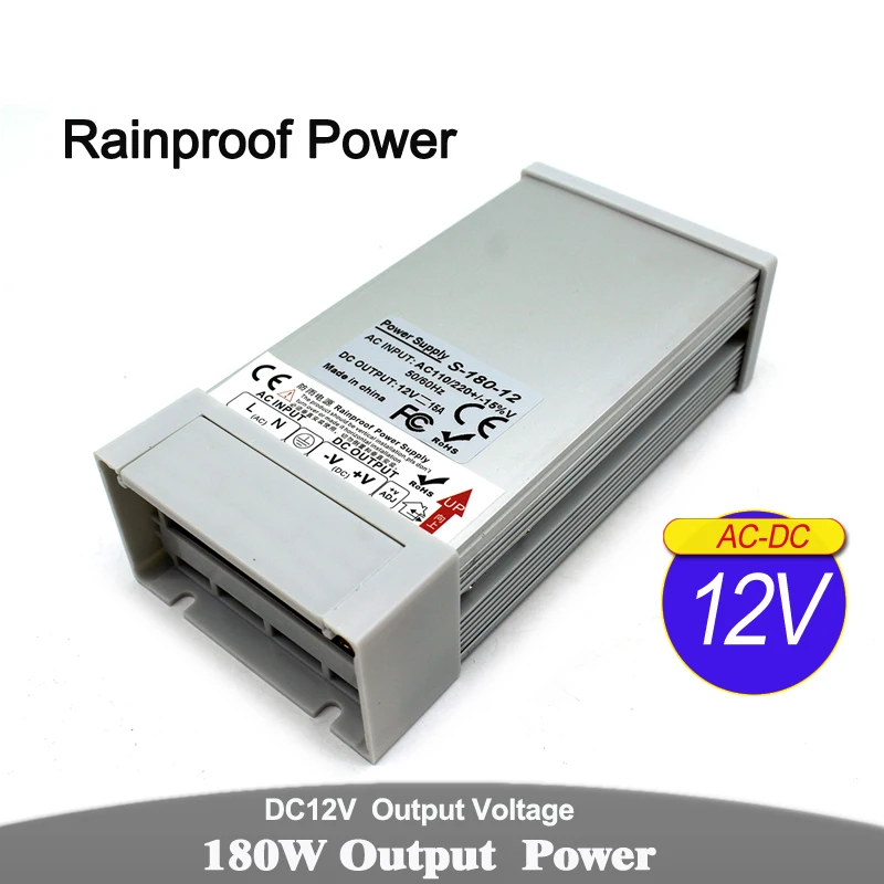 

Power Supply Unit DC12V 15A 180W Driver Transformers 110v 220V AC DC12V Rainproof Power Source For LED Strip Light Monitor cctv