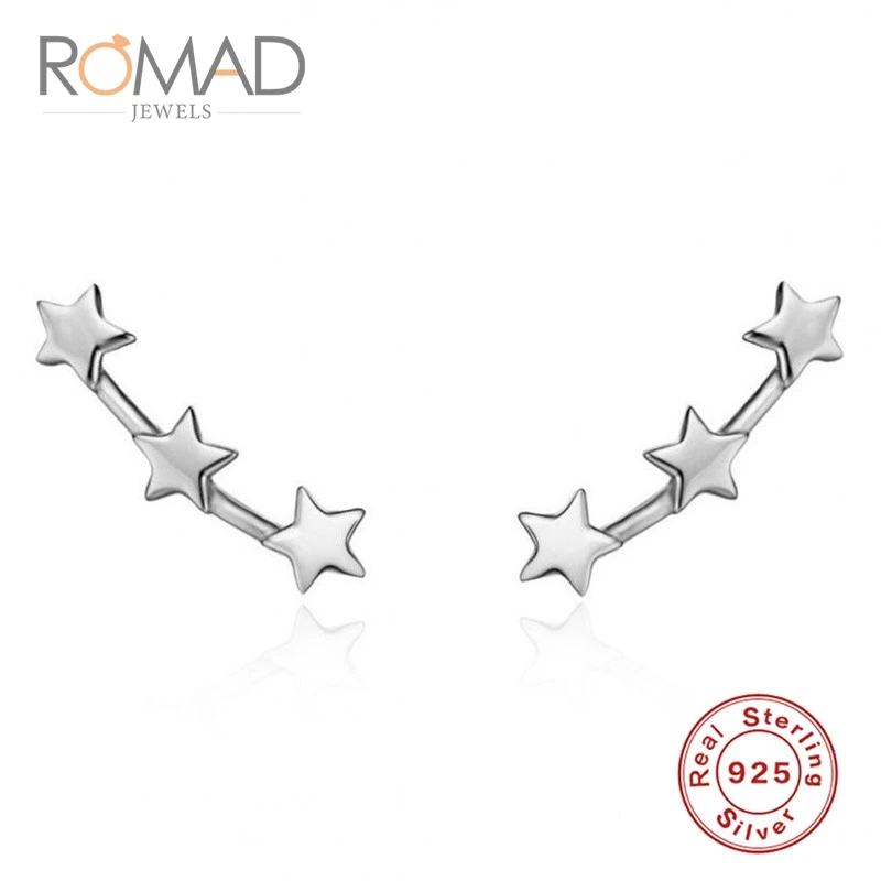 Romad, модные простые S925 Серебряные серьги, однорядные, с тремя звездами, женские серьги для женщин, подарок