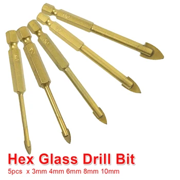 

5pcs Glass Drill Bit Set Tungsten Carbide Tipped Ceramic Tile Cutter 1/4" Hex Shank Power Tool Accessories 3mm 4mm 6mm 8mm 10mm