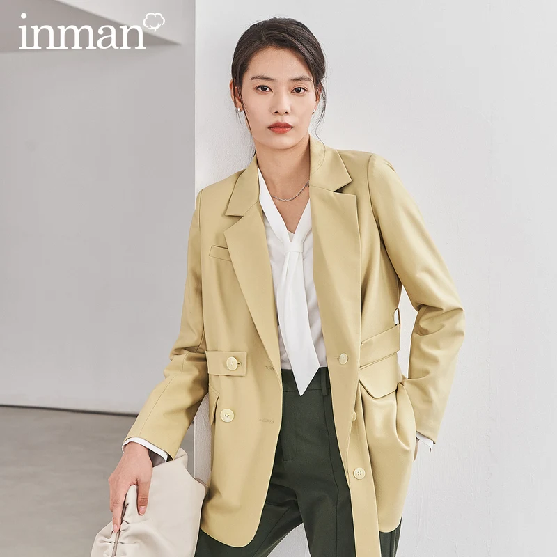 

INMAN 2020 Spring New Arrival Literary Commuter Suit Collar Belt Double-breasted Loose Suit