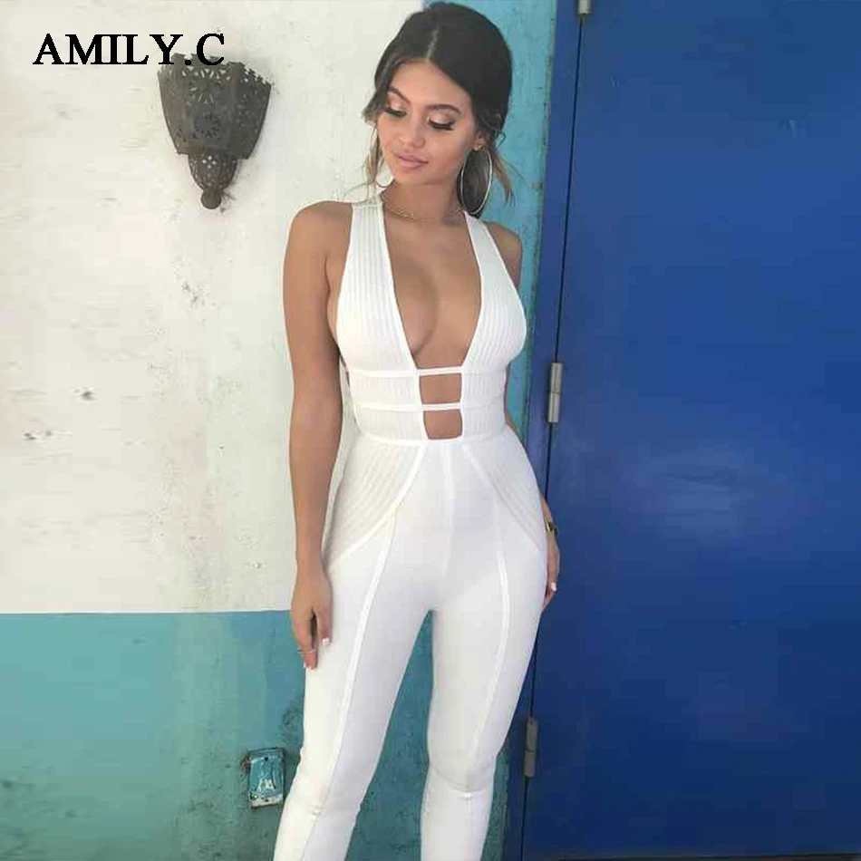 Amily. c летний комбинезон Vestidos Verano белый сексуальный без рукавов Глубокий V полый бандаж знаменитости для вечеринок комбинезон