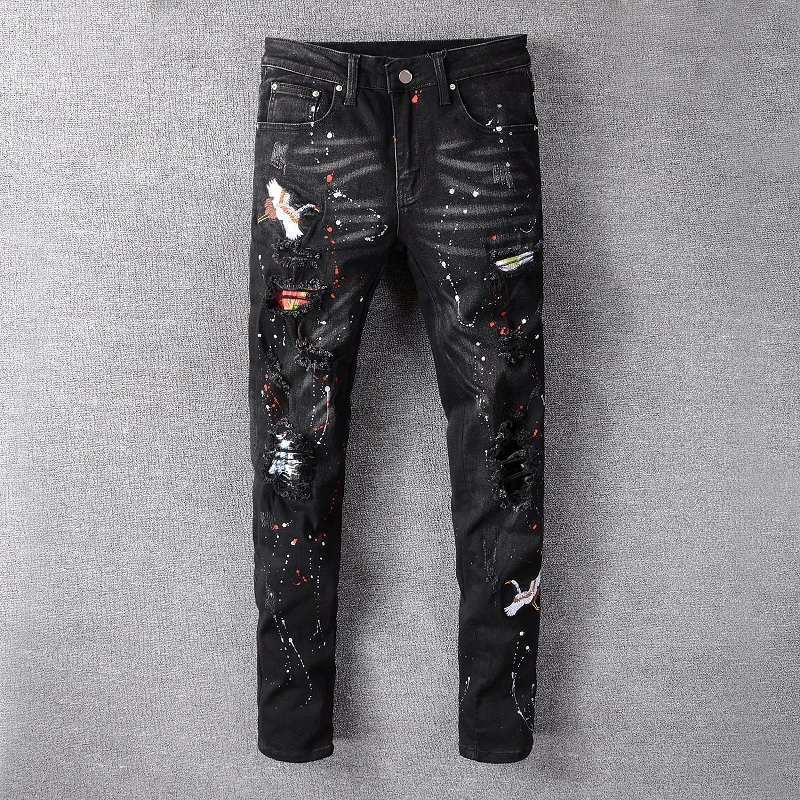 Fashion Streetwear Men Jeans Destroyed Ripped Jeans Men Elastic Punk Pants Paint Embroidery Designer Hip Hop Skinny Jeans Homme - Цвет: Черный