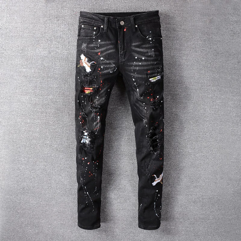Черный Fashion Streetwear Men Jeans Destroyed Ripped Jeans Men Elastic Punk Pants Paint Embroidery Designer Hip Hop Skinny Jeans Homme - Цвет: Черный