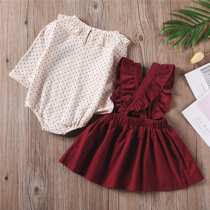 Pudcoco/хлопковая одежда с оборками для маленьких девочек комбинезон в горошек, рубашка Топы+ юбка на лямках милый комплект одежды из двух предметов, модный От 0 до 2 лет