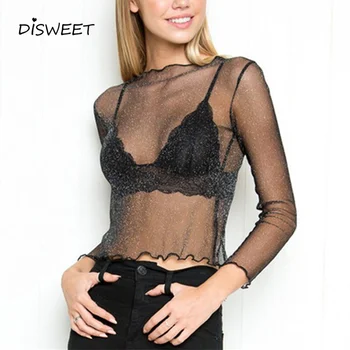 

Summer Sexy Perspective T-Shirt Woman Stylish Hollow O-Neck Long Sleeve Tees Ladies Simple Mesh Solid Slim Black Top Women 2019