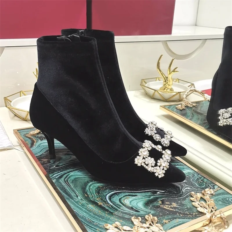 

Womens Pointed Toe Suede Leather Ankle Boots Crystal Square Buckle Decor Side Zipper Stilettos High Heel Shoes Fashion New Black