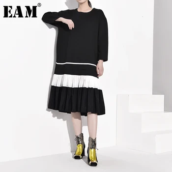 

[EAM] Women Black Hemline Pleated Striped Dress New Round Neck Long Sleeve Loose Fit Fashion Tide Spring Autumn 2020 ASW007