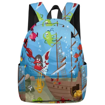 

Ocean Fish Animal Shipwreck Coral Cartoon Backpack College Students Laptop Backpack Book Bag Casual School Bag