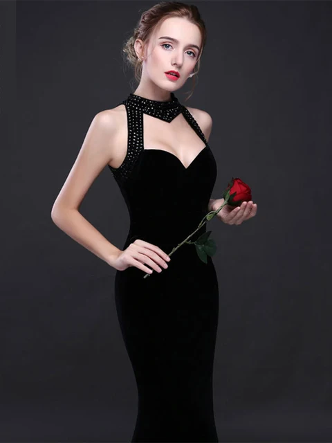 Vintage Elegant Velour Evening Dress Sexy Backless Sleeveless Formal Robe Mermaid Floor Length Party Vestidos Halter Prom Gowns Black