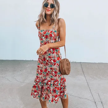 

2020 Floral Print Off Shoulder Sexy Midi Dress Elegant Ruffles Strap Beach Party Dress