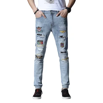 

New skinny jeans men print ripped jeans for men stretch pants embroidery trousers cotton hip hop Summer Spring blue
