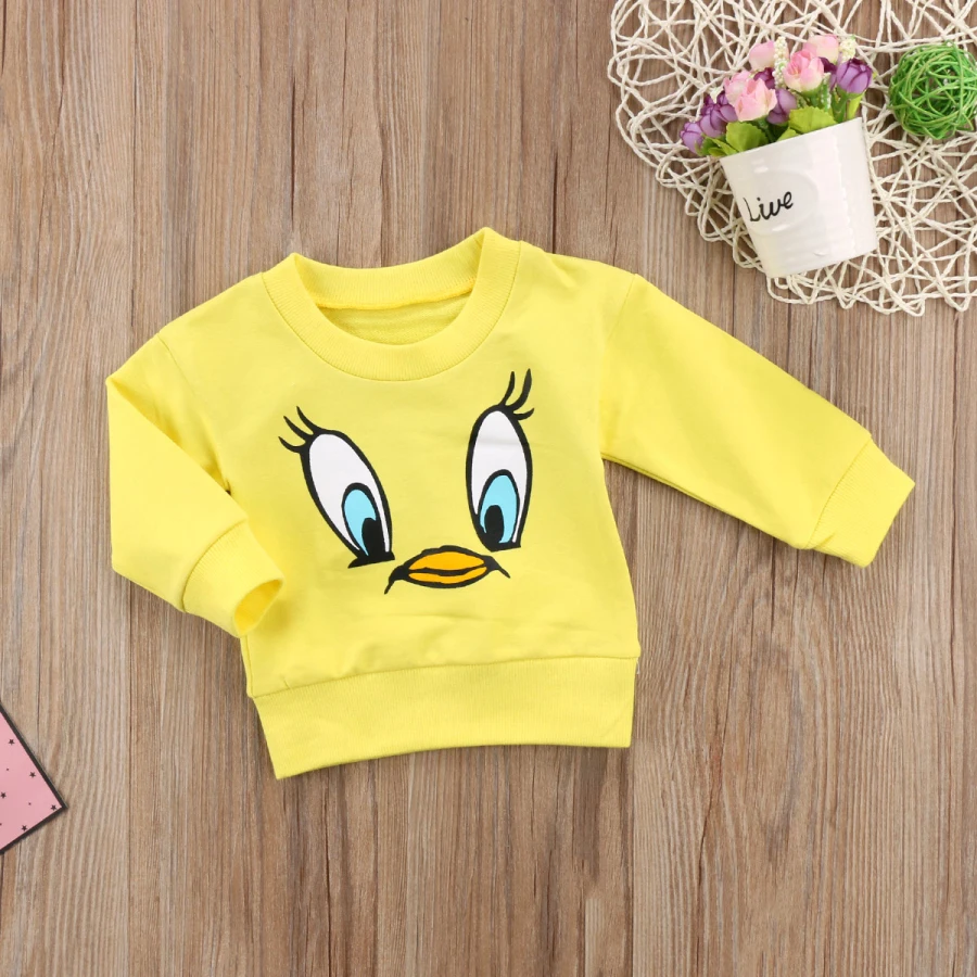 Милая желтая футболка с рисунком птицы, топ с длинными рукавами для маленьких мальчиков и девочек, осенний милый теплый свитер с большими глазами