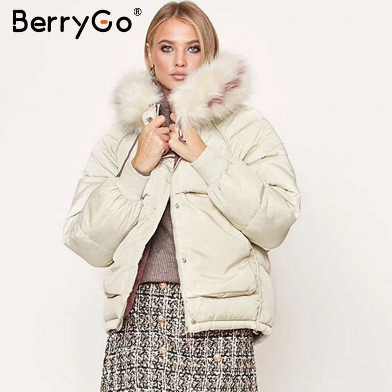 BerryGo, Повседневная Женская парка с меховым воротником и капюшоном, Осень-зима, Толстая Женская Теплая стеганая куртка, модная женская куртка на молнии, большие размеры