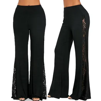 

Women Fashion Pants High Waist Ladies Casual Lage Lace Insert Dance Loose Wide Leg Leggings Sports Pants Pantalon Femme #T2G