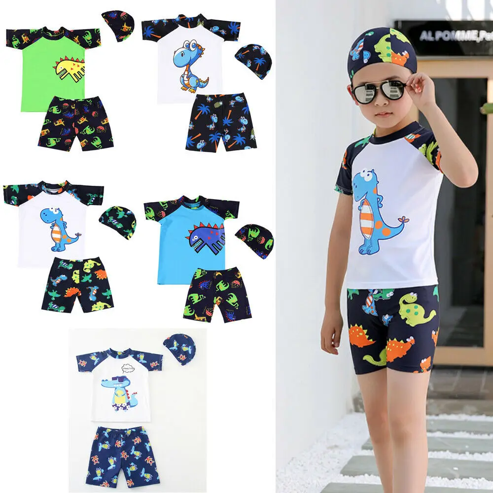 3PCS Toddler Baby Boys Dinosaur Swimsuit Swimwear Bathing Suit Cute Cartoon Animals Swimming
