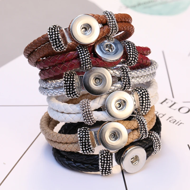 New Snap Bracelets for 18mm Jewelry Vintage Braided Leather Button Bracelet Women Men Fit | Браслеты с шармами