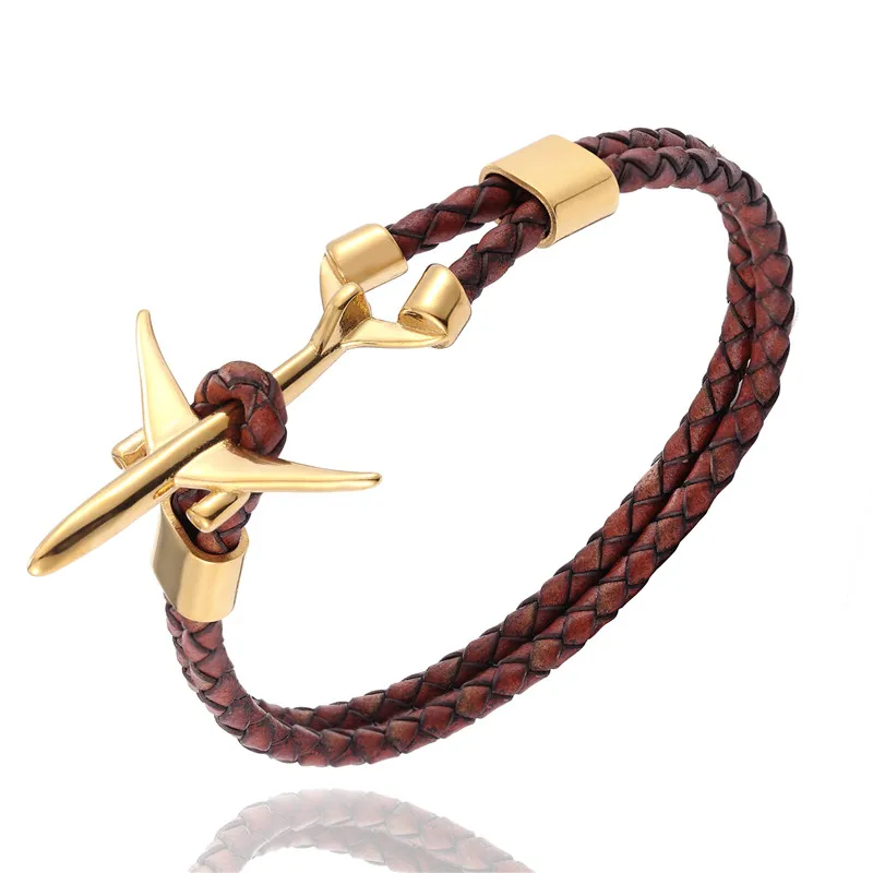 MKENDN Hot Sale Stainless Steel Airplane Anchor Bracelets Men Women Genuine Multilayer Leather Bracelet Freestyle Homme Jewelry