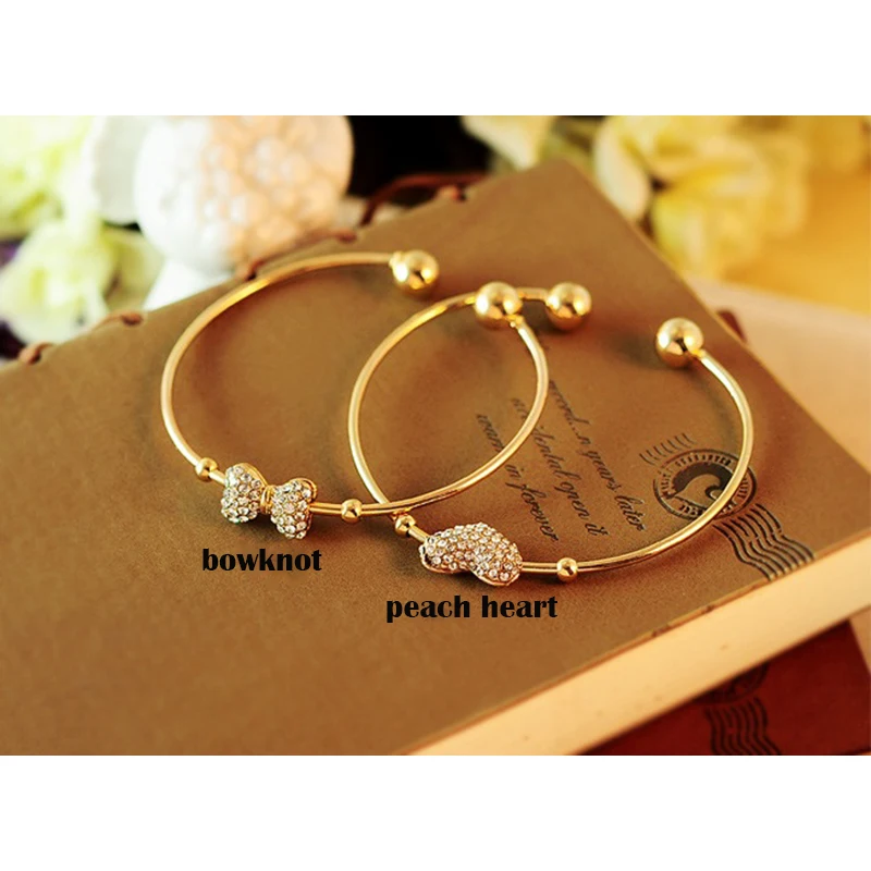 Women's Heart and Bowknot Cuff Bracelet Bangles Crystal Jewelry