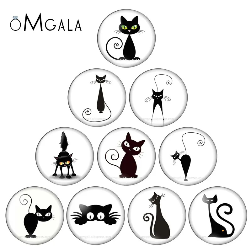 New Lovely Black Cats Pet 10pcs mixed 10mm/12mm/16mm/18mm/25mm Round photo glass cabochon demo flat back Making findings | Украшения и