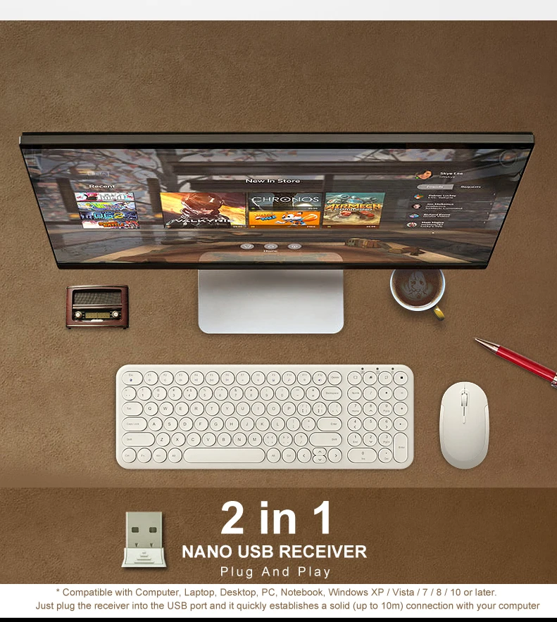 Teclado recarregável de b.o.w para computadores, 2.4ghz