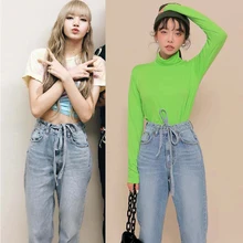 Kpop Blackpink lisa, корейский стиль ретро, свободные синие джинсы, широкие джинсы, женские Летние повседневные Прямые джинсы с высокой талией на шнуровке