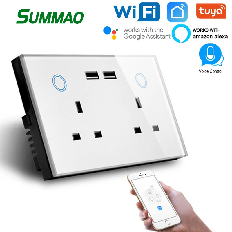 

WIFI Socket Strip Glass Panel Double USB Outlet Wall Sockets Wireless Smart Touch Switch UK Plug Charger Work With Google Home
