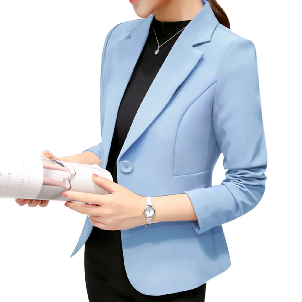Женский блейзер, розовый, длинный рукав, однотонный пиджак на одной пуговице, тонкий женский офисный жакет, Женский Топ, костюм, Блейзер, женские куртки - Цвет: Light Blue