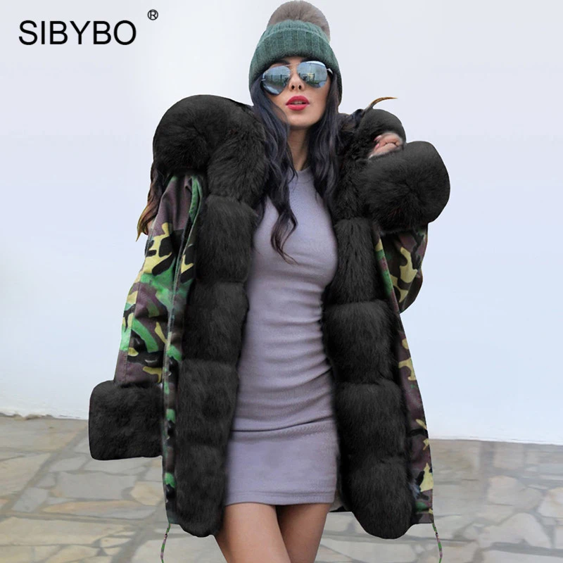 SIBYBO Военная мода с капюшоном плотное зимнее пальто женский меховой воротник камуфляжная Женская парка Теплая Повседневная Длинная женская куртка топы