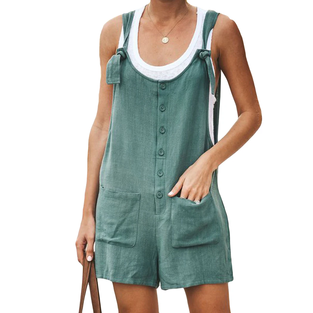 Sea Green Boho пляжные Хлопчатобумажные Шорты Комбинезоны женские летние комбинезоны без рукавов Повседневные однотонные комбинезоны с карманами женские комбинезоны - Цвет: Sea Green