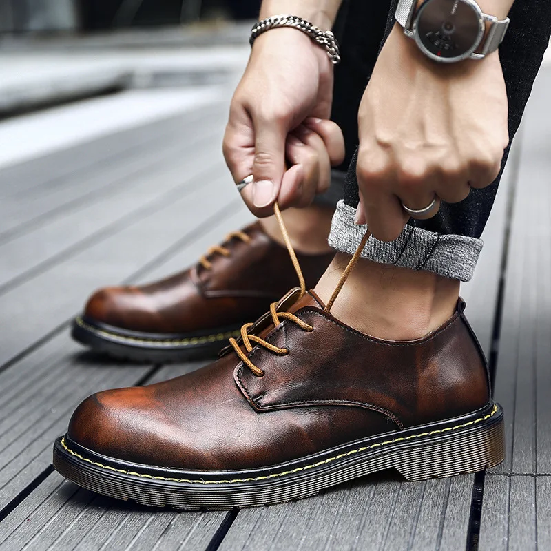 

Martin Boots MEN'S Shoes Autumn & Winter New Style Handmade Sewing Leather Shoes Korean-style Retro Men's Big Head Work Shoes Lo