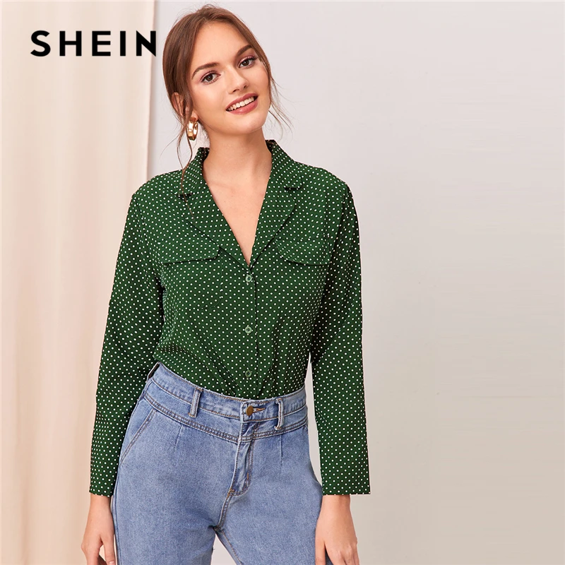 Женская офисная блузка SHEIN элегантная зеленая в горошек с отложным воротником и
