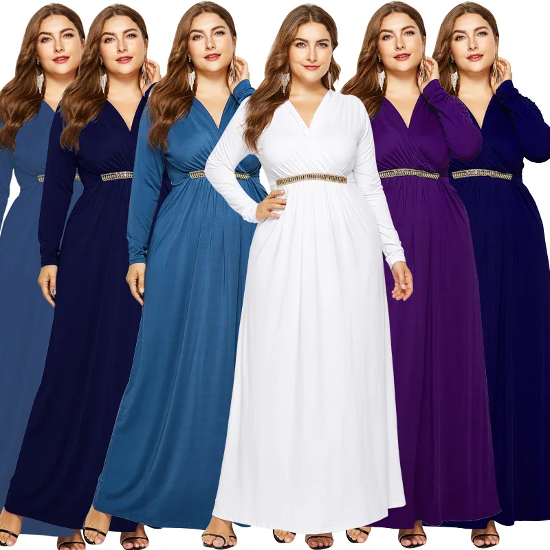 

2019 Autumn New Temperament Women's Long-sleeved Stitching Xl Deep V-neck Fat Dress