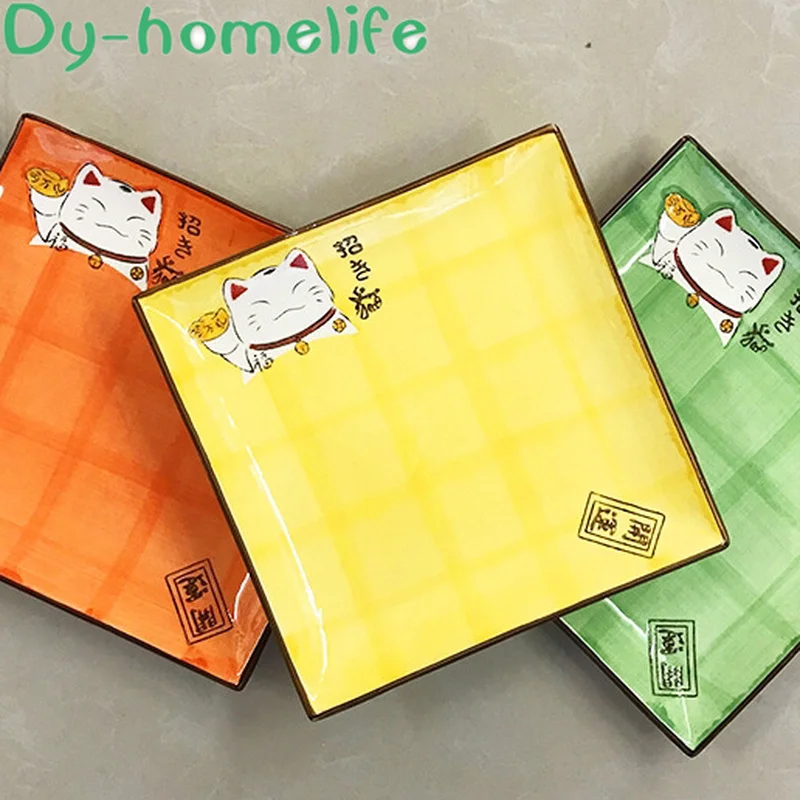 

Japanese Style Creative Multicolor Cartoon Beckoning Cat Square Dining Plate Kitchen Home Handmade Cartoon Dining Plate