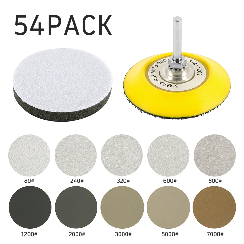 

54pcs 3 Inch Dry and Wet/Dry Sanding Discs Assortment Kit Aluminum Oxide Multiple Grits 80-7000 for Hook and Loop Grinding Disc