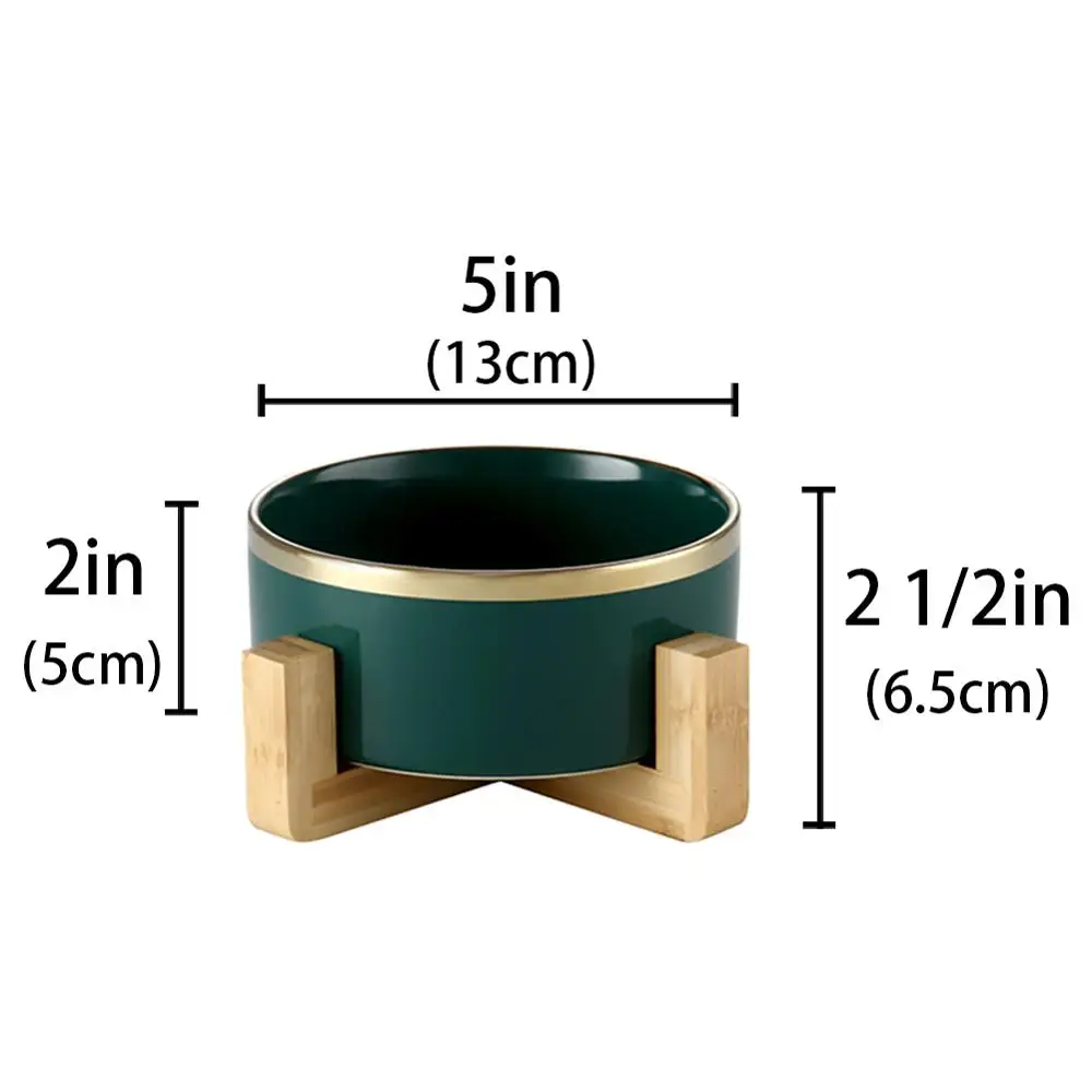Керамический повышенный поднятый миска для кошки с деревянной подставкой без разлива корма для домашних животных Кормушка для воды кошки маленькие собаки - Цвет: Dark green 5inch