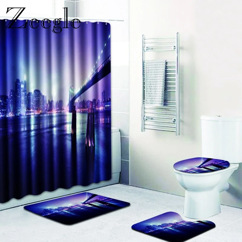 Zeegle Scenic 4Pcs Bath Mat Set Shower Curtain Soft Water Absorption Rug Non Slip Mat Toilet Cover Mat Floor Carpet Pedestal Rug
