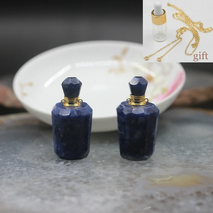 Покрытые золотом граненые Sodalite Подвески флаконы духов, натуральные синие драгоценные камни камень эфирное масло диффузор для подвески, ожерелья ювелирные изделия