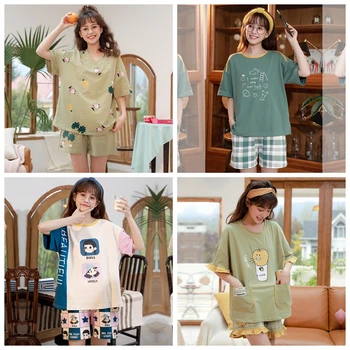

Girl Summer Fashion Pajamas Can Wear Outside Home Clothing Simple Comfortable Cotton Short-sleeve Shirt And Shorts Set Sleepwear