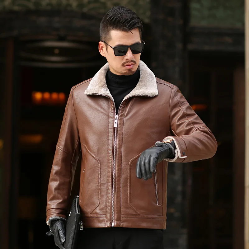 

Winter Leather Coat Men's plus Velvet Middle-aged Leather Jacket Thick Warm Coat Dad Worship Tin Chloride Hand Boat