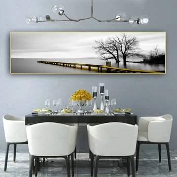 

Calm lake yellow and gray long bridge scene boats picture on canvas lake view art print poster modern living room decoration