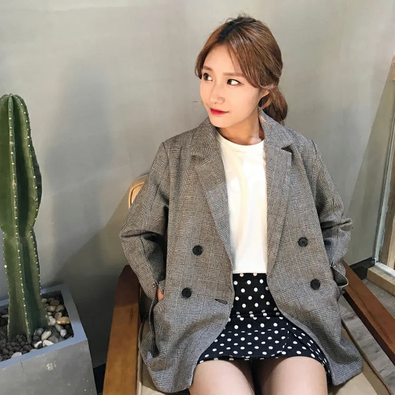 

2019 Spring And Autumn Harajuku-Style Plaid Suit Jacket Women's Loose-Fit Career Ol Suit
