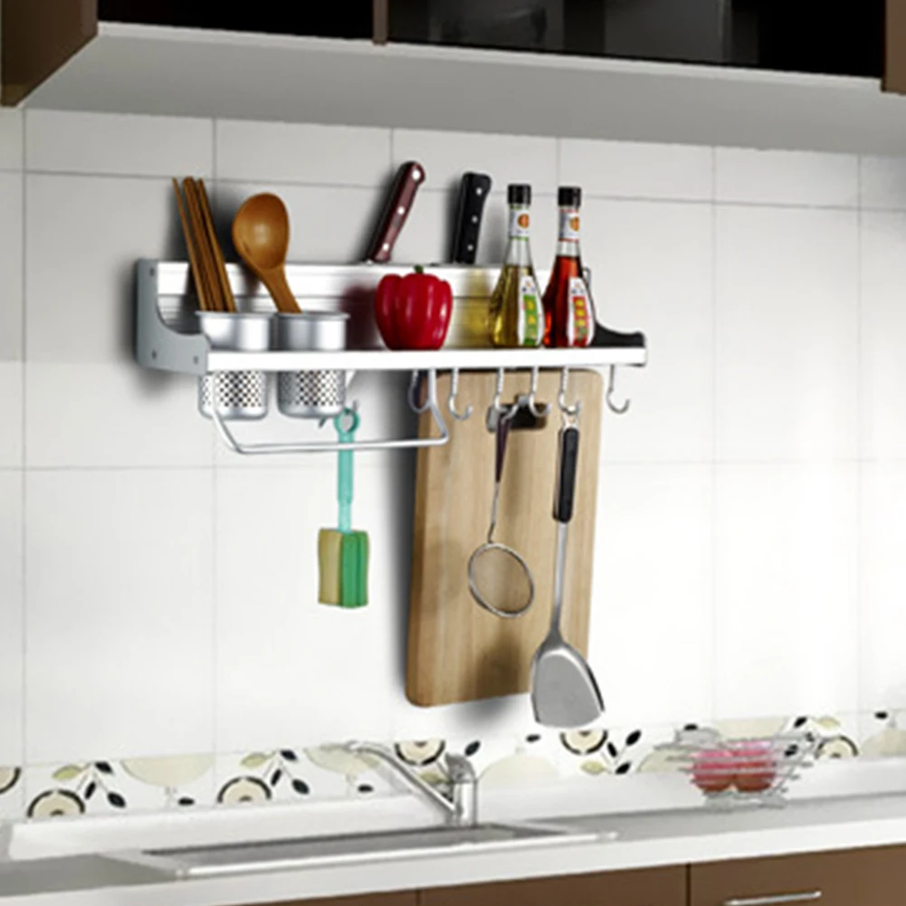 

Aluminum Kitchen Shelf Rack Cooking Utensil Tools Hook Rack Kitchen Storage Wall Mount Spice Seasoning Corner Shelves