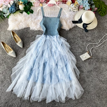 

FMFSSOM Spring Summer 2020 Denim Spaghetti Strap Puffy Mid-Long Lace Solid High Waist Women Female Lady Dress