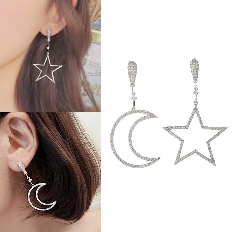 

New fashion High-grade zircon earrings Exaggerated Silver Star Moon Earrings Silver pin pendant Holeless ear clip pendant